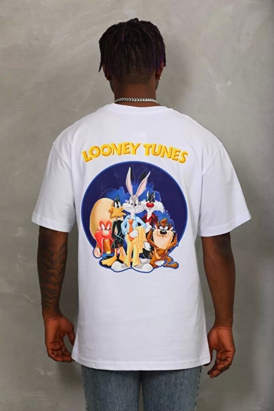 Unisex Oversize Baskılı Bisiklet Yaka T-Shirt - Beyaz