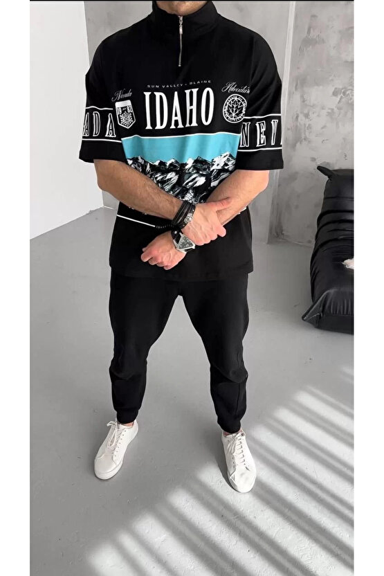 Unisex Baskılı Yarım Fermuarlı T-Shirt - Siyah