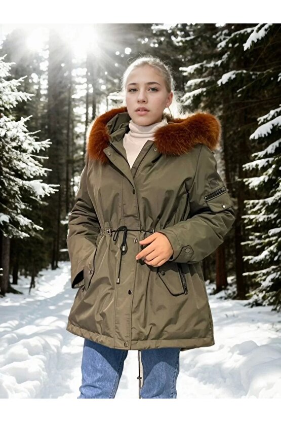 Kadın Su Geçirmez Kapüşonlu Mont - Haki