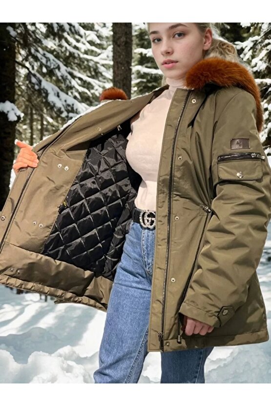 Kadın Su Geçirmez Kapüşonlu Mont - Haki