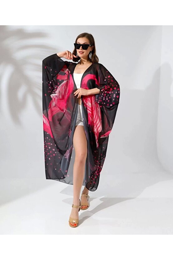 Kadın Rahat Kesim Şifon Kimono - Siyah