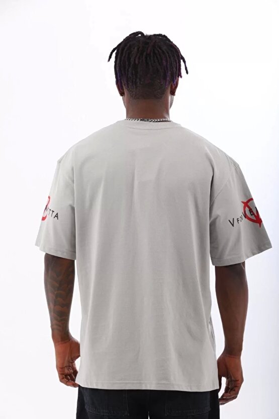 Unisex Oversize Baskılı Bisiklet Yaka T-Shirt - Gri