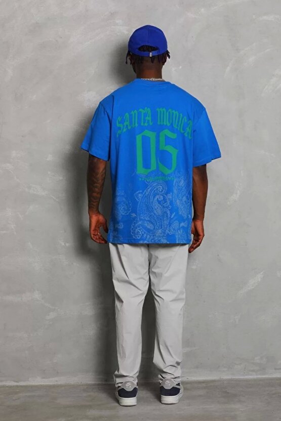 Unisex Oversize Baskılı Bisiklet Yaka T-Shirt - Mavi