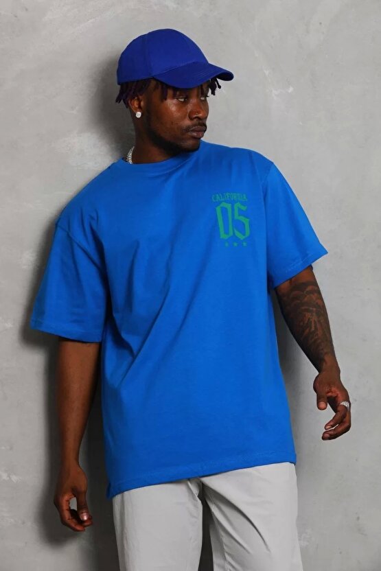 Unisex Oversize Baskılı Bisiklet Yaka T-Shirt - Mavi