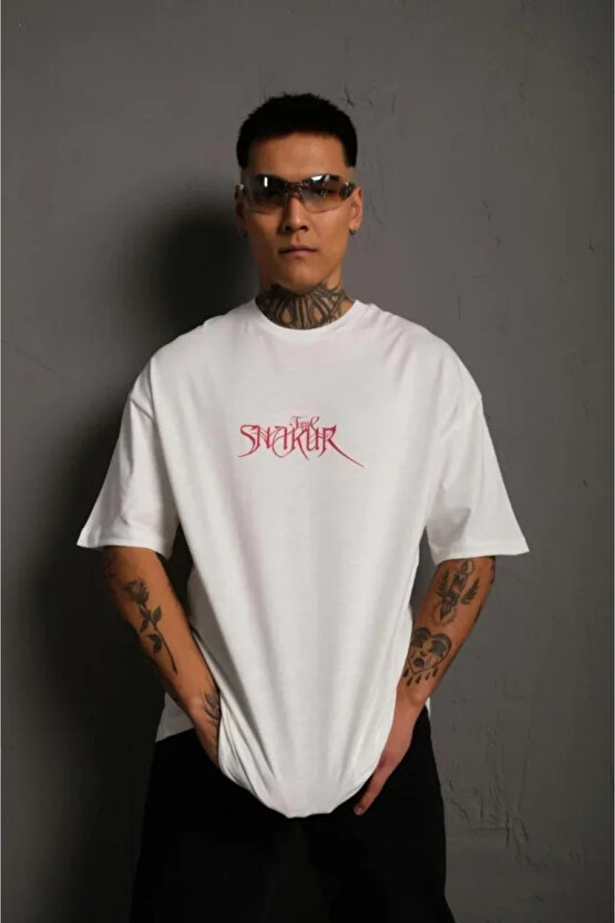 Erkek Oversize Tişört – Beyaz 241 Penye Kumaş, Bisiklet Yaka, Ön - Arka Baskılı, Streetwear Tarzı R