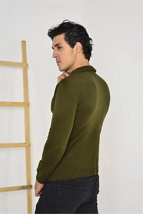 Velmora Tam Balıkçı Yaka Düz Renk Kazak - Yeşil -VLMR