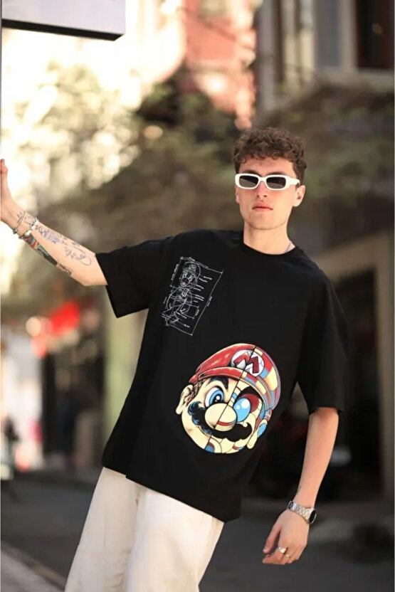 Kayran Clein Erkek Mario Baskılı Oversize T-Shirt - Siyah