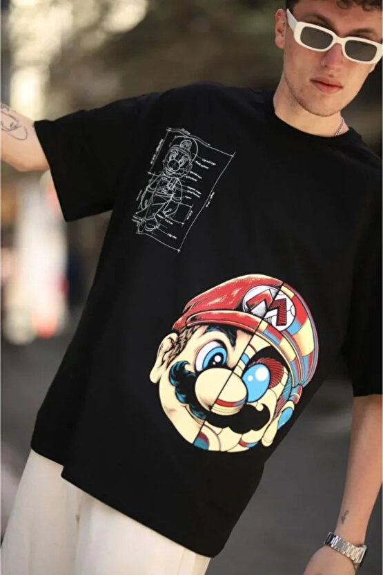Kayran Clein Erkek Mario Baskılı Oversize T-Shirt - Siyah