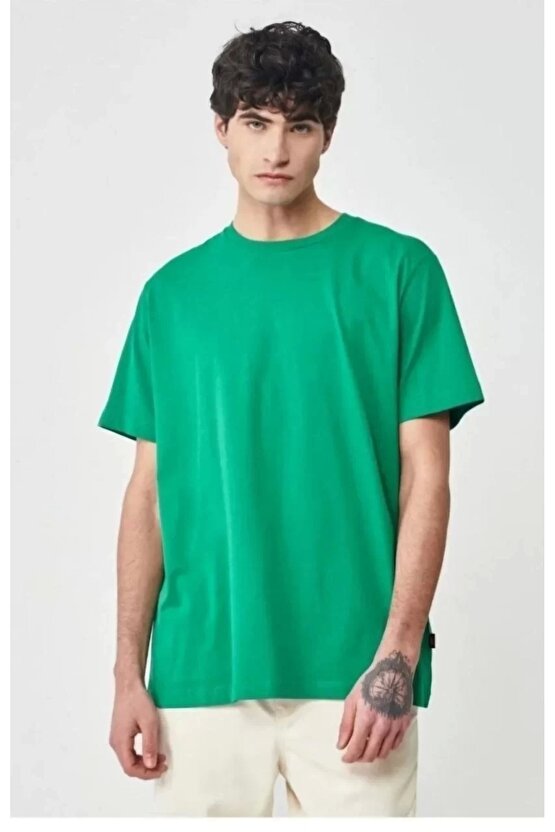 Erkek 241 Düz A Kalite Oversize T-shirt - Yeşil