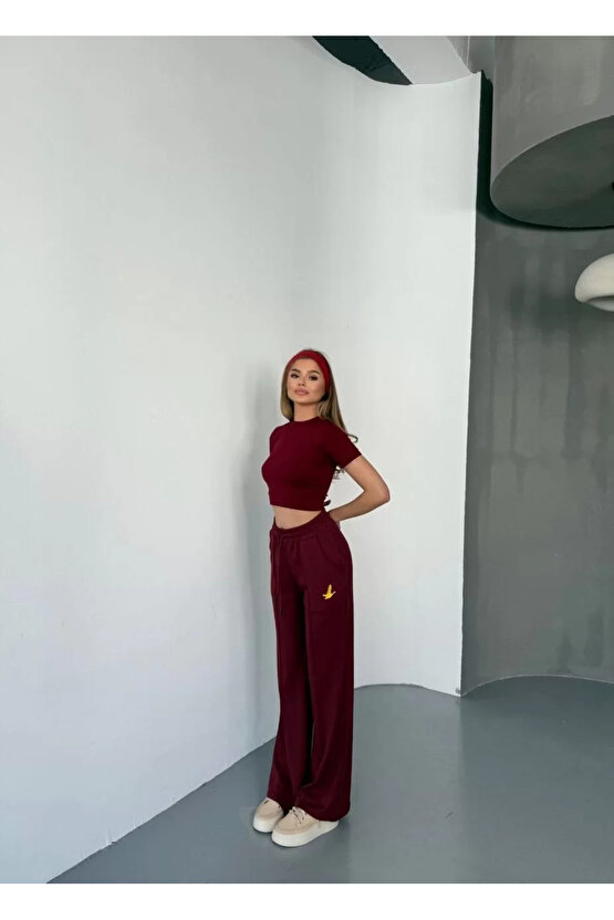 Osy Modal Yumuşak Dokulu Kumaş Nakış işlemeli Rahat Bol Paça Eşofman Pantalon - Bordo