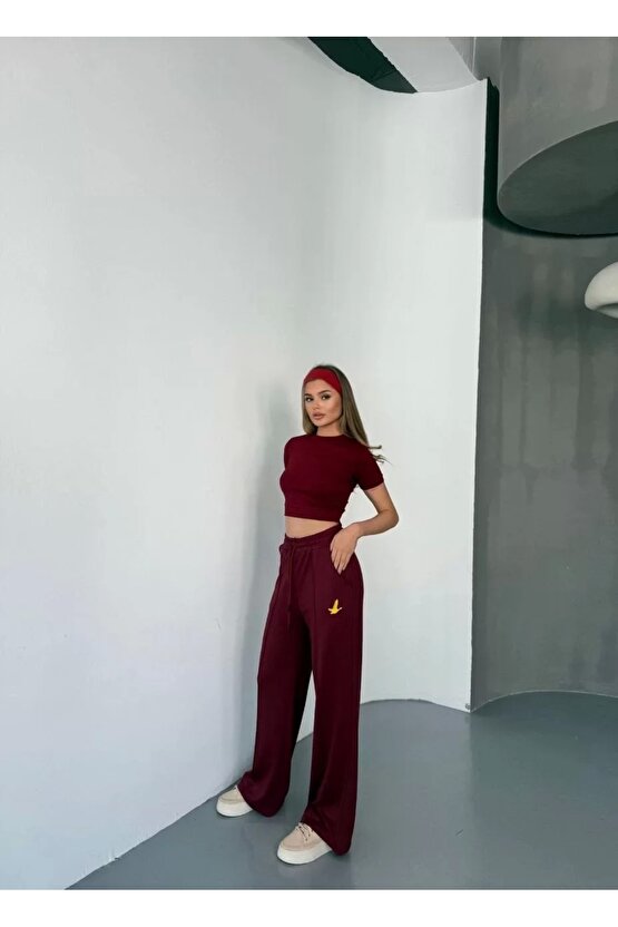 Osy Modal Yumuşak Dokulu Kumaş Nakış işlemeli Rahat Bol Paça Eşofman Pantalon - Bordo