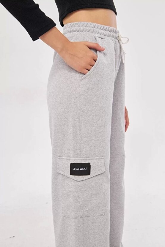 Kargo Cepli Palazzo Oversize Kesim İki iplik Bol Paça Eşofman Altı Pantalon - Gri