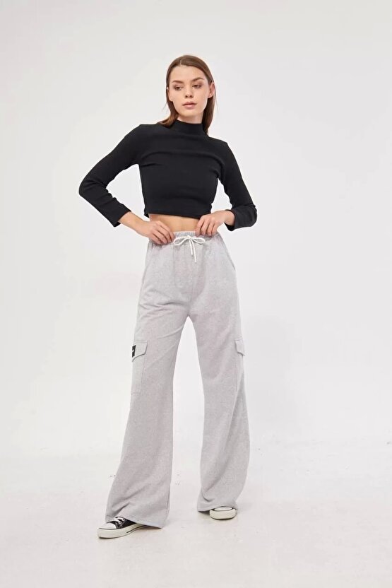 Kargo Cepli Palazzo Oversize Kesim İki iplik Bol Paça Eşofman Altı Pantalon - Gri