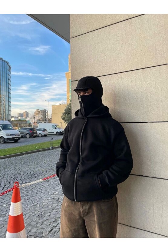 Samuray Kapüşonlu ZIP Fermuarlı Kapüşonlu SweatShirt - Siyah