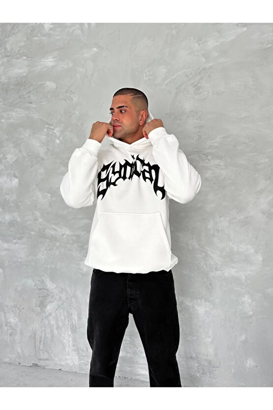 Unisex Üç İplik Kapüşonlu Baskılı SweatShirt - Beyaz