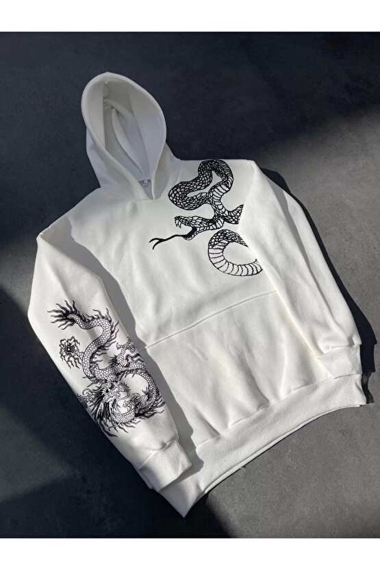Uzun Kol Kapüşonlu Baskılı SweatShirt - Beyaz
