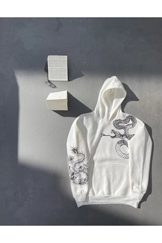 Uzun Kol Kapüşonlu Baskılı SweatShirt - Beyaz