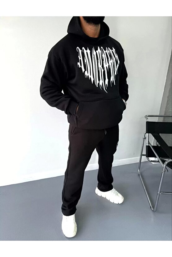 Uzun Kol Kapüşonlu Baskılı SweatShirt - Siyah