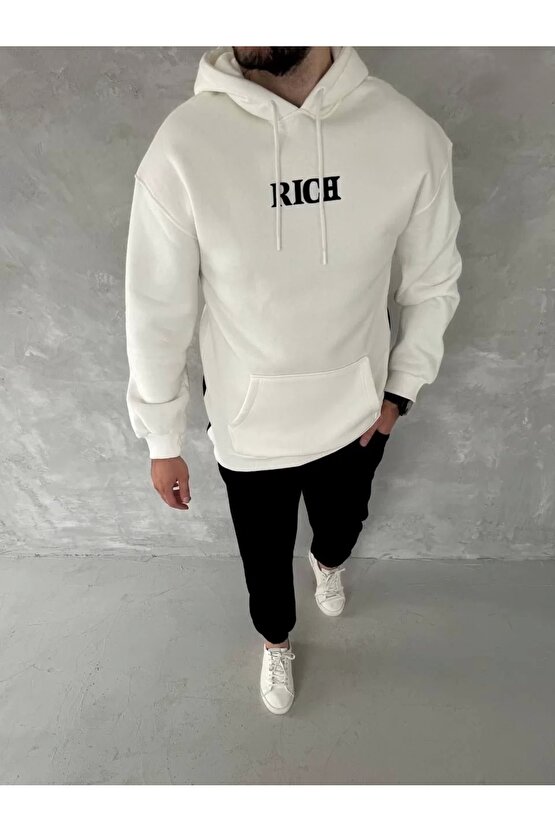 Uzun Kol Kapüşonlu Göğüs Baskılı SweatShirt - Beyaz