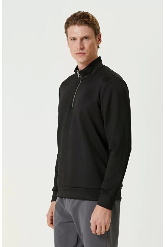 Unisex Uzun Kol Yarım Farmuarlı Yakalı Basic SweatShirt - Siyah