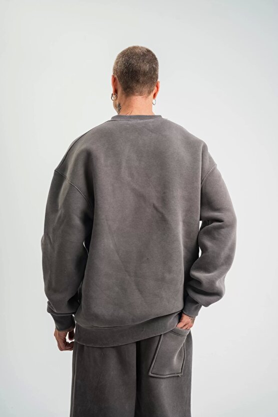 Unisex Uzun Kol Bisiklet Yaka Yıkamalı SweatShirt - Füme