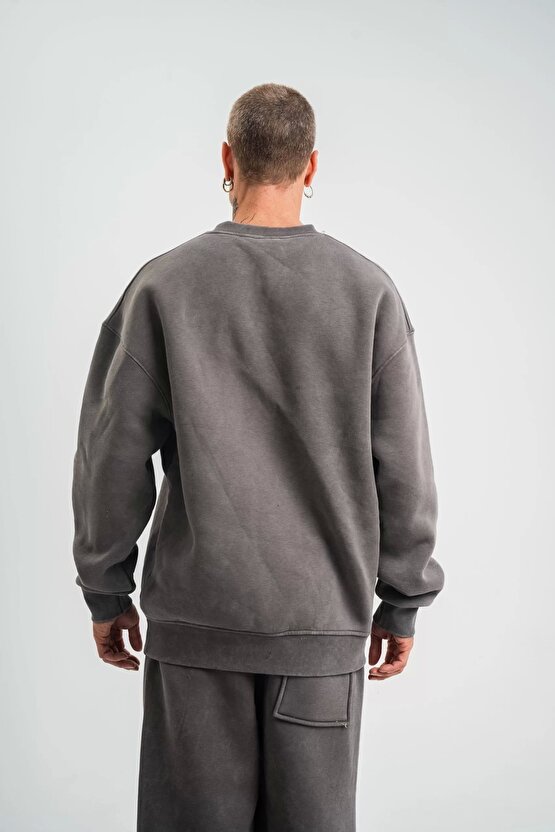 Unisex Uzun Kol Bisiklet Yaka Yıkamalı SweatShirt - Füme