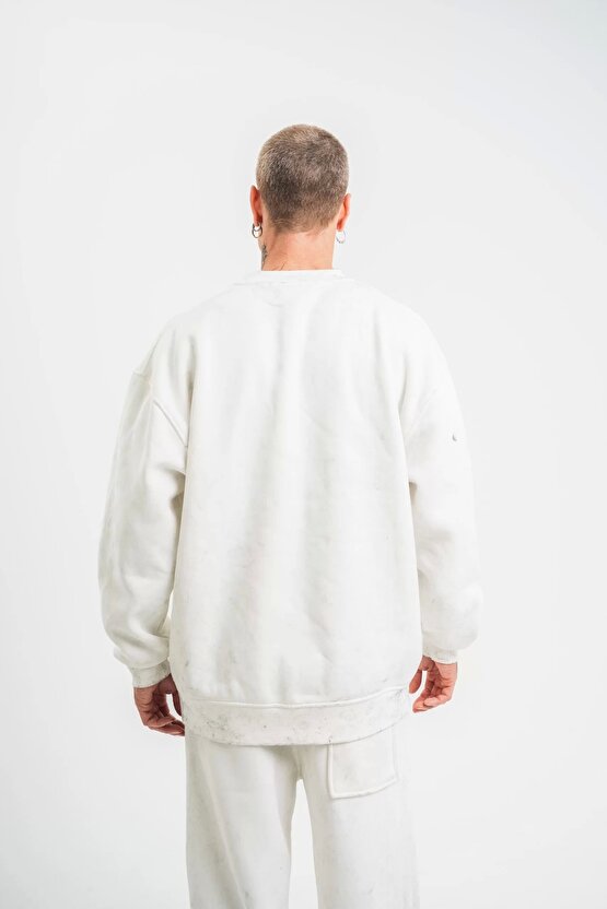 Unisex Uzun Kol Bisiklet Yaka Yıkamalı SweatShirt - Beyaz