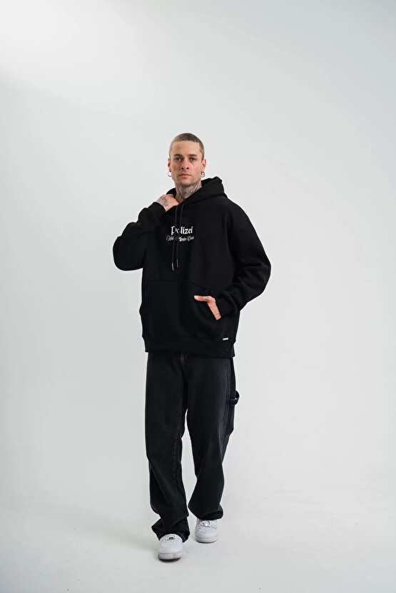 Üç İplik Kapşonlu Dijital Patchli SweatShirt - Siyah