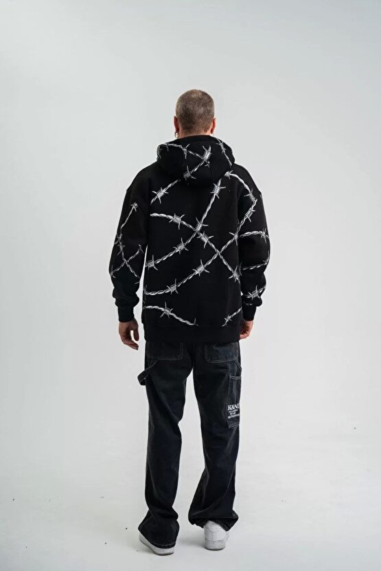 Unisex Kapşonlu Varak ve Pano Baskılı SweatShirt- Siyah