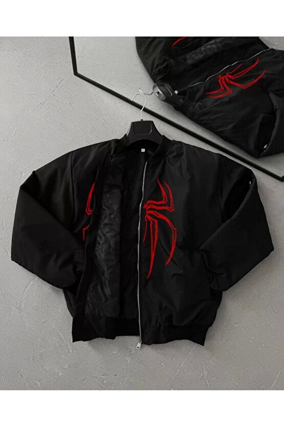 Gökyüzü Unisex Uzun Kol Örümcek Baskılı Bomber Ceket - Siyah