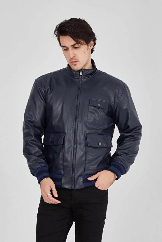 Erkek Fermuarlı İçten Elyaf ve Astarlı Suni Deri Ceket - Lacivert