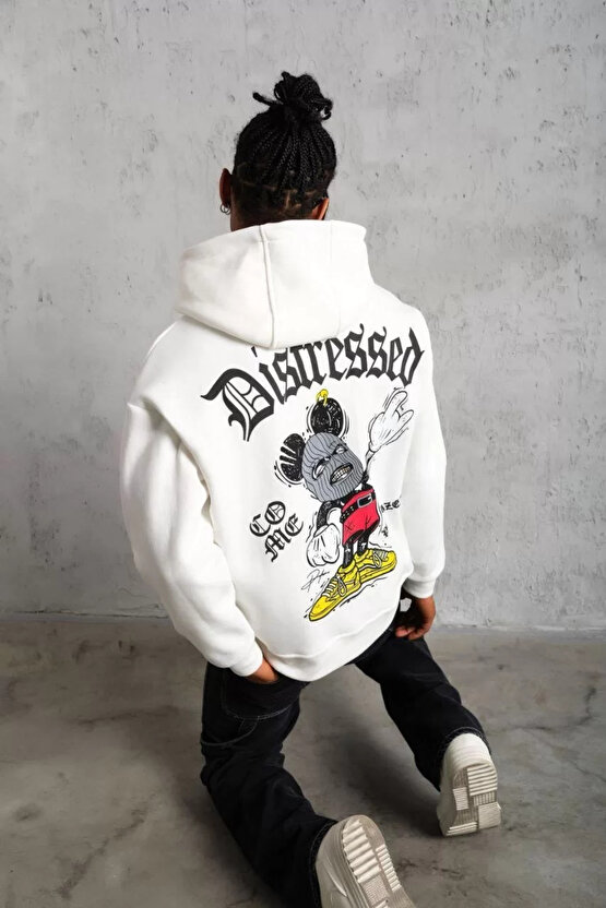 Erkek Üç İplik Baskılı Kapüşonlu Sweat - Beyaz