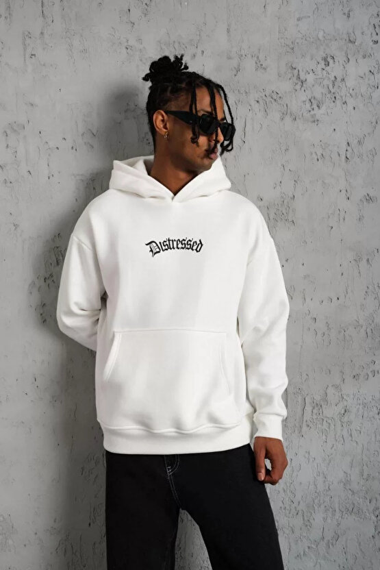 Erkek Üç İplik Baskılı Kapüşonlu Sweat - Beyaz