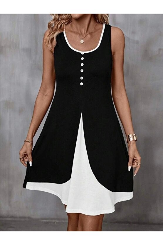 Kadın Askılı Yuvarlak Yaka önden Düğmeli çift Renkli Viskon Elbise