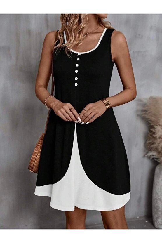 Kadın Askılı Yuvarlak Yaka önden Düğmeli çift Renkli Viskon Elbise