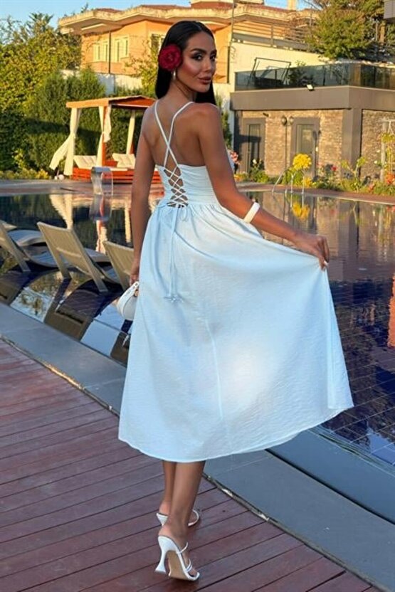 EQURİ Sırtı Çapraz İpli Boncuk Detaylı Elbise 2902-08