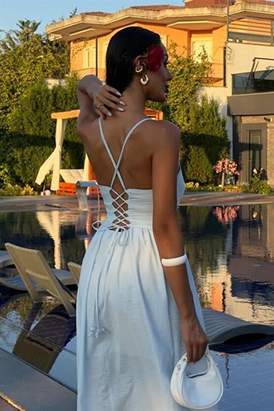 EQURİ Sırtı Çapraz İpli Boncuk Detaylı Elbise 2902-08