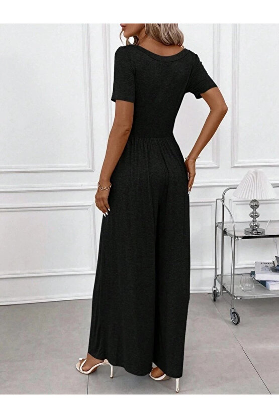 Kadın Kısa Kollu Yuvarlak Yaka Geniş Paçalı Bürümcük Tulum