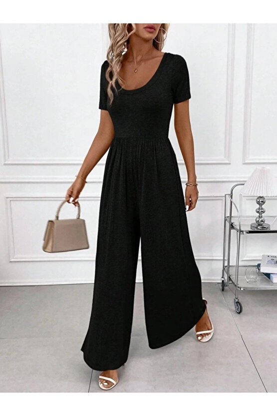 Kadın Kısa Kollu Yuvarlak Yaka Geniş Paçalı Bürümcük Tulum