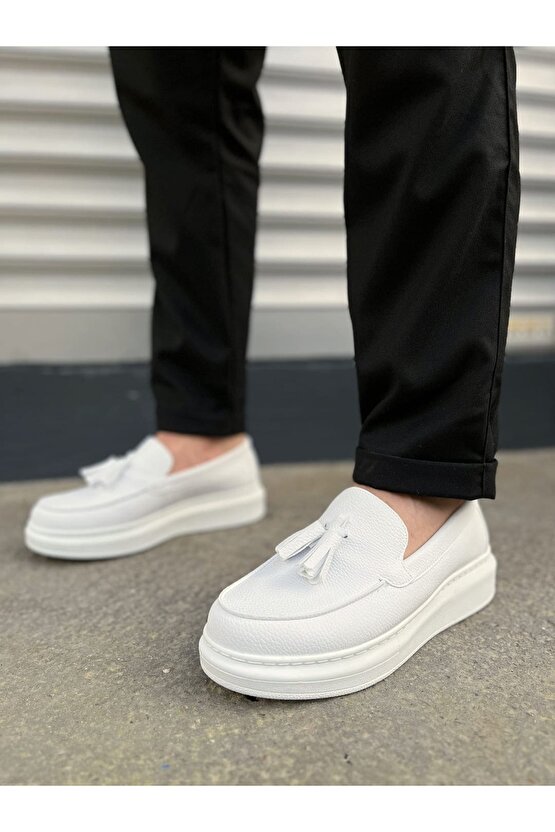 JY154 Blaze Bağcıksız Püsküllü Cilt Erkek Günlük Spor Klasik Ayakkabı CBT - Beyaz