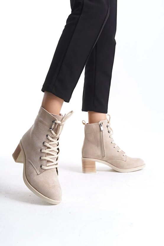 LENA Bağcıklı Fermuarlı Ortopedik Taban Topuklu Süet Kadın Bot - Ten