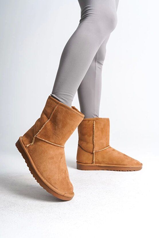 SELINA Bağcıksız Düz Taban İçi Kürklü Süet Kadın Bot - Taba