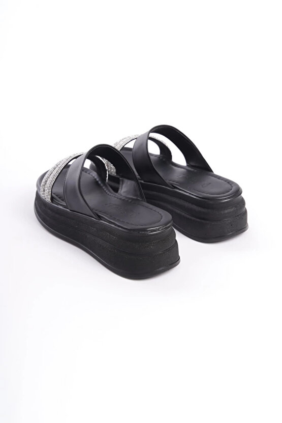 SARAH Düz Topuklu Taşlı Şeritli Kalın ve Ortopedik Taban Kadın Terlik CST - Siyah