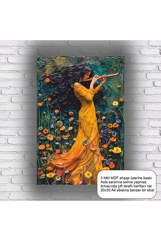 müzik enstürman klarnet çalan kadın sanatsal estetik mdf tablo ahşap poster