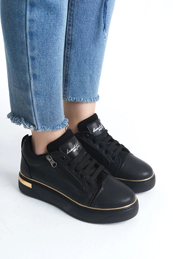 DINA Bağcıklı Fermuarlı Ortopedik Taban Kadın Sneaker Spor Ayakkabı CST - SiyahAltın