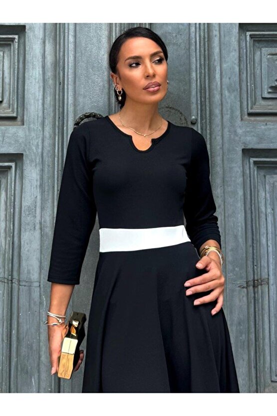 Kadın Truvakarkol Yakası Açık Blok Renkli Krep Midi Elbise