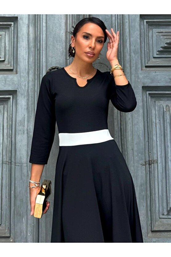 Kadın Truvakarkol Yakası Açık Blok Renkli Krep Midi Elbise