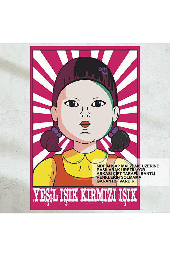 Squid Game yeşil ışık kırmızı ışık oyunu şarkısı oyuncak robot bebek figürü tablosu ahşap poster