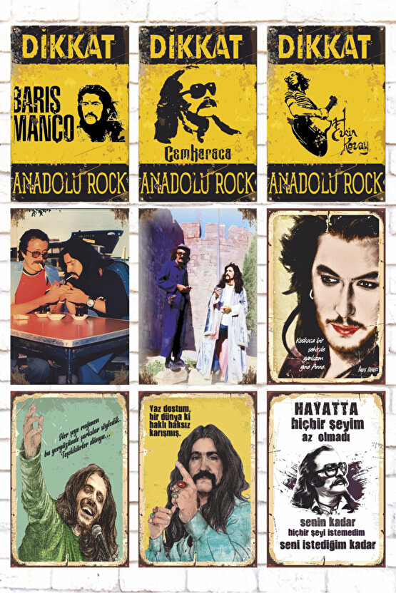 9 Parça Karışık Ahşap Tablo Seti anadolu rock müzik ustaları retro ahşap poster seti