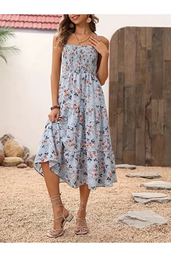 Kadın Ip Askılı Geniş V Yakalı Desenli Uzun Süprem Elbise